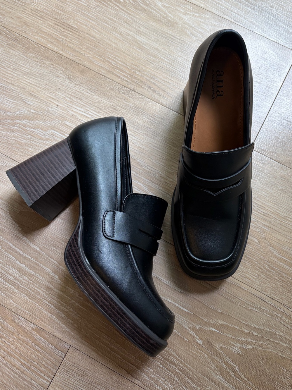 Ana Hughes Black Chunky Block Heel Loafers with Penny Strap